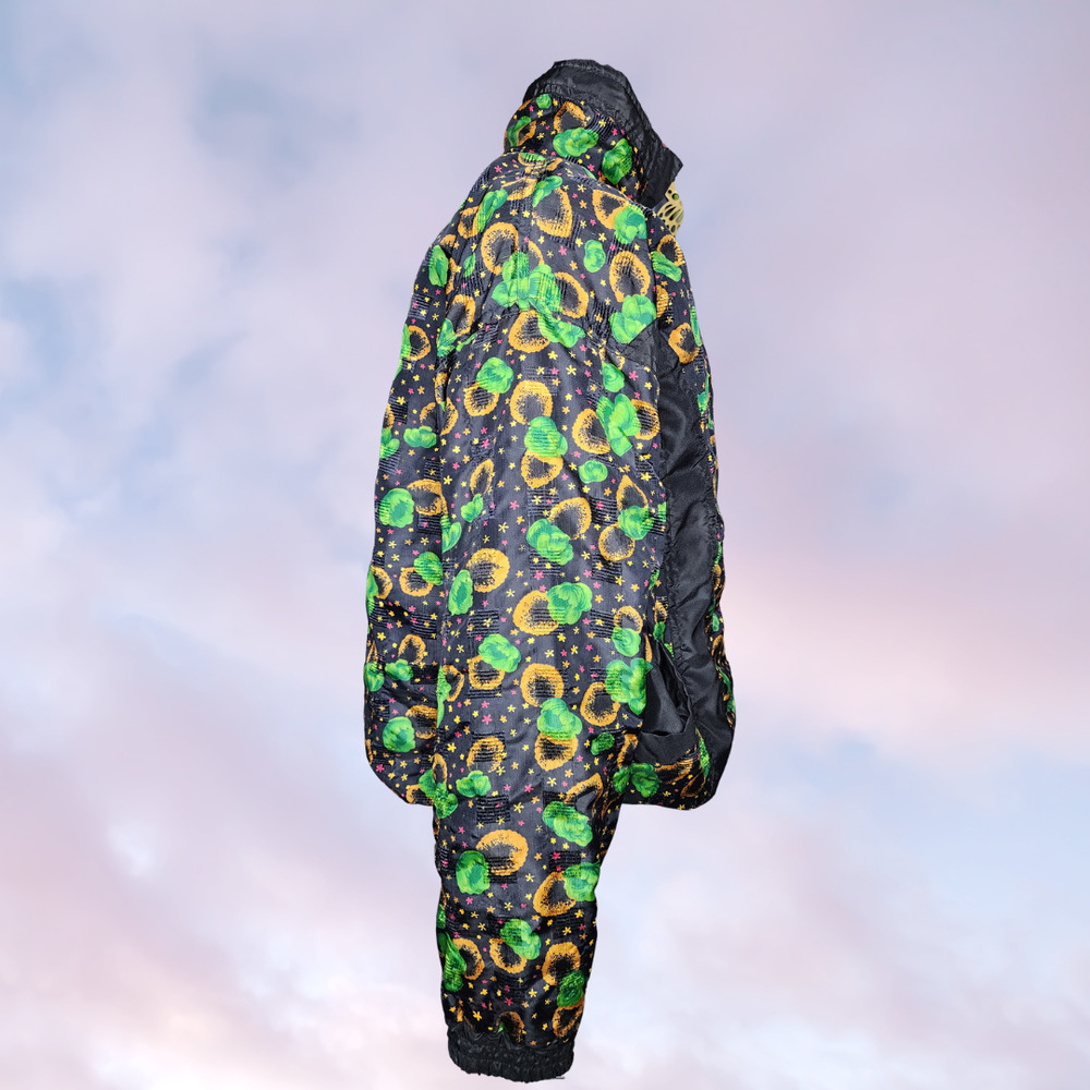 Vtg 80s Miramax Colorful Zip Up Windbreaker Floral Black Green Yellow Stars L - Picture 4 of 8